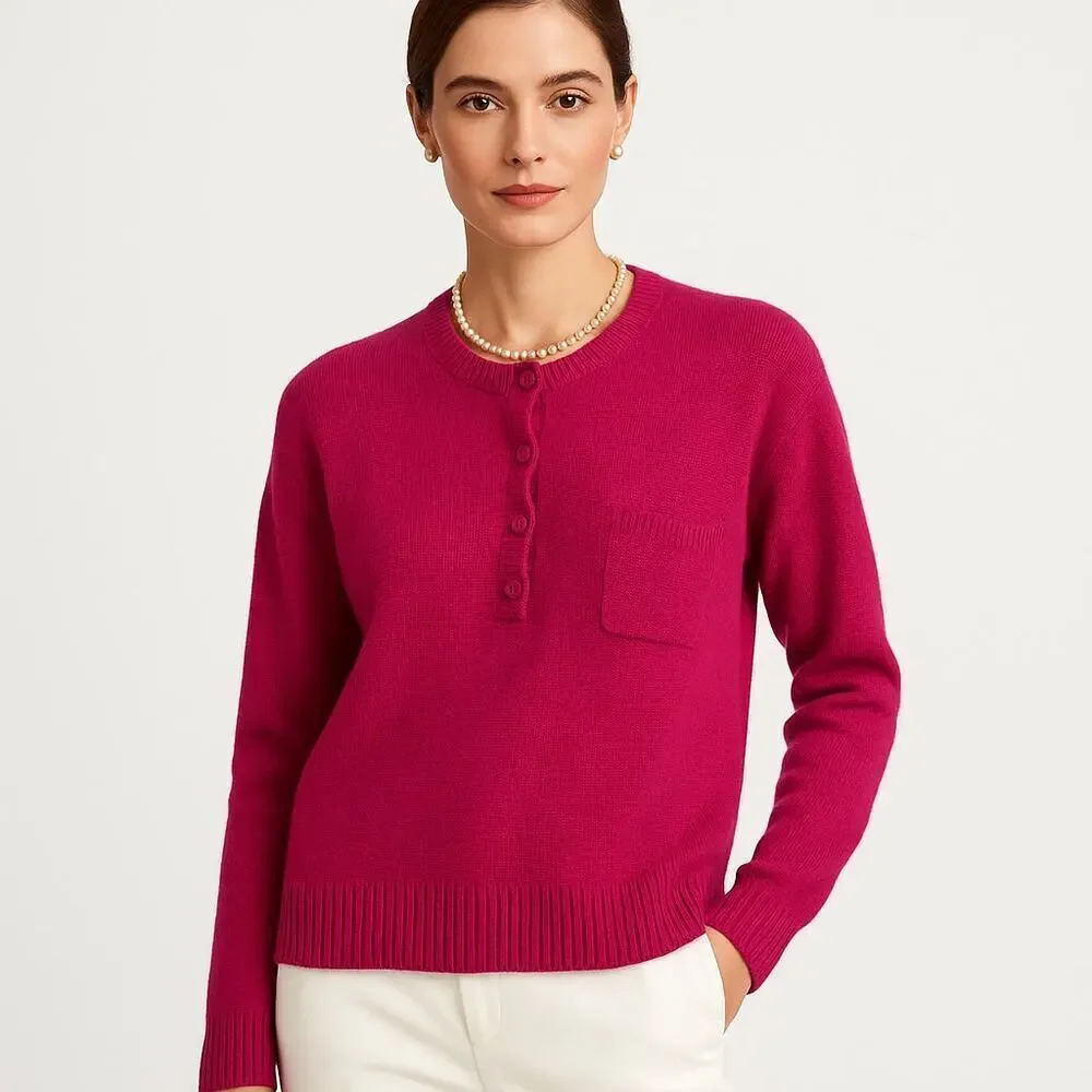VTG Henley Sweater Red Sz M Silk Rabbit Hair Soft Cozy Y2K Minimalist Preppy